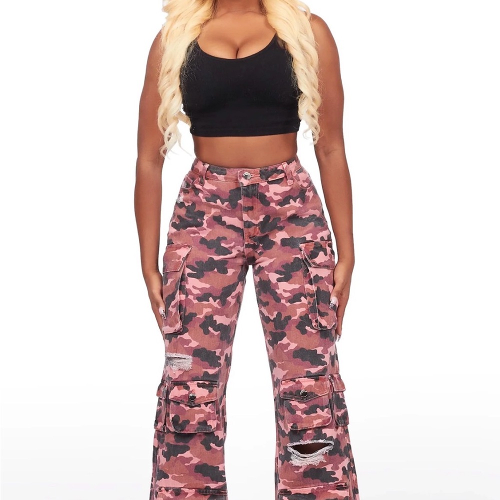 Rockstar Original Pink Camo Jahmani Wide Leg Cargo Jeans Women's XL NWT #693